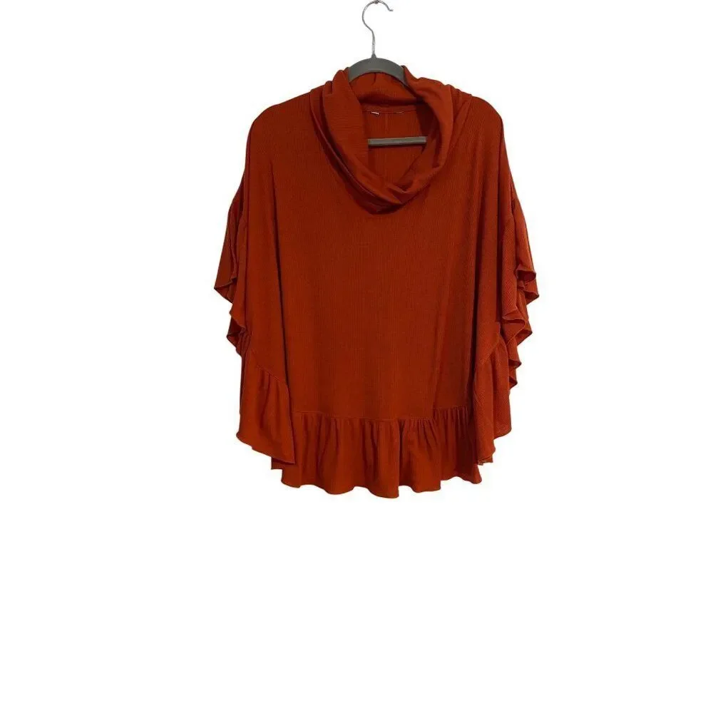 Unbranded Poncho Women’s One Size Rust Cowl Neck Ruffled Hem Hippie Bohemian